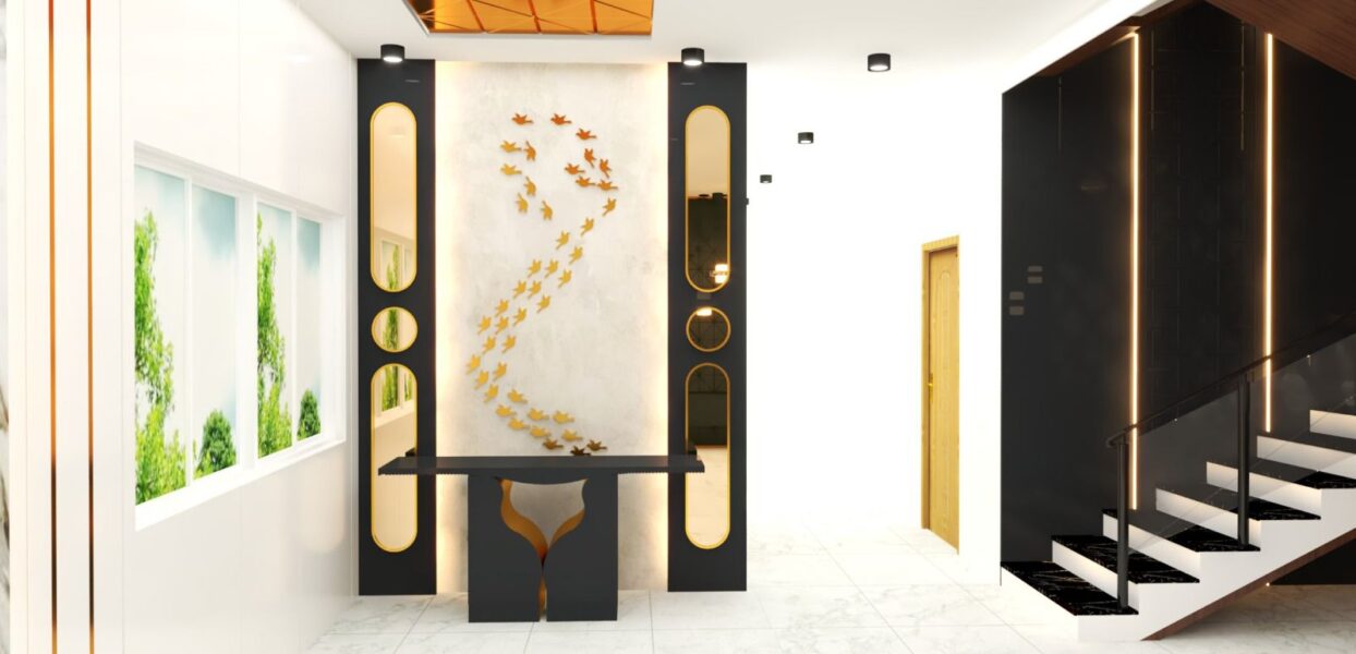 Foyer with black and gold wall accents, decorative lighting, and wall art featuring flying birds.