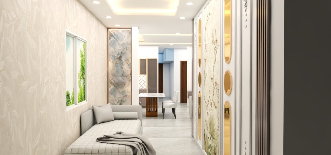 3D model of a modern living area with textured walls, lounge chair, and soft lighting by Luminest Interiors.