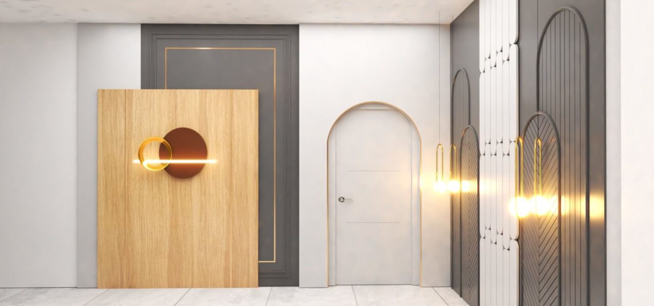 Elegant corridor with minimalist lighting and modern wall art.