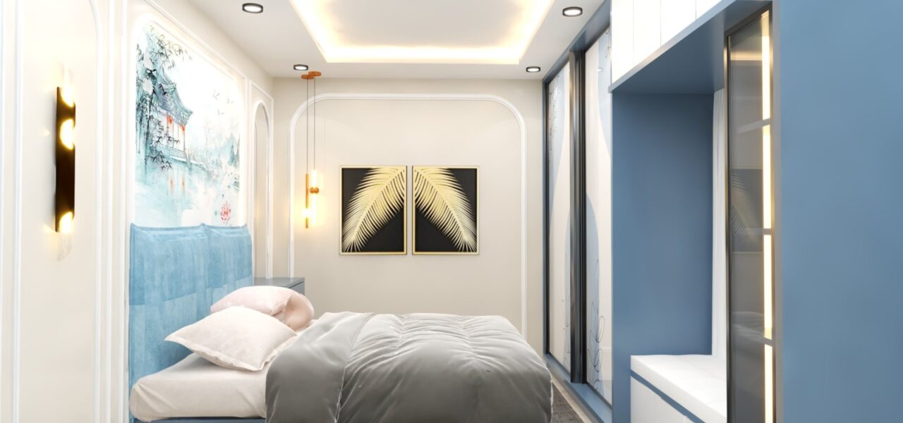 3D model of an elegant bedroom with a soft blue artistic wall mural, white and gold lighting, and plush grey bedding by Luminest Interiors.