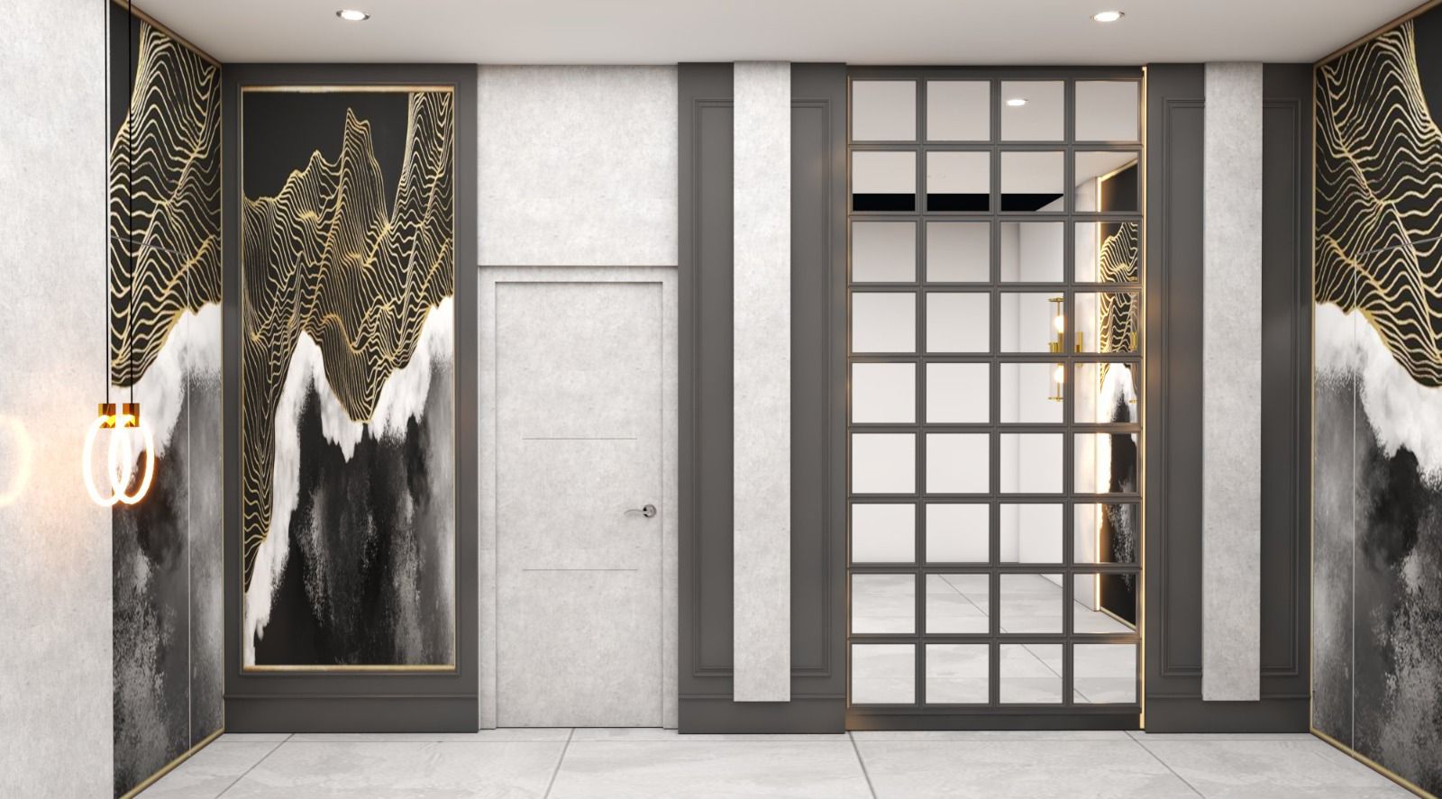 Elegant grey entryway with modern art accents and ambient lighting.