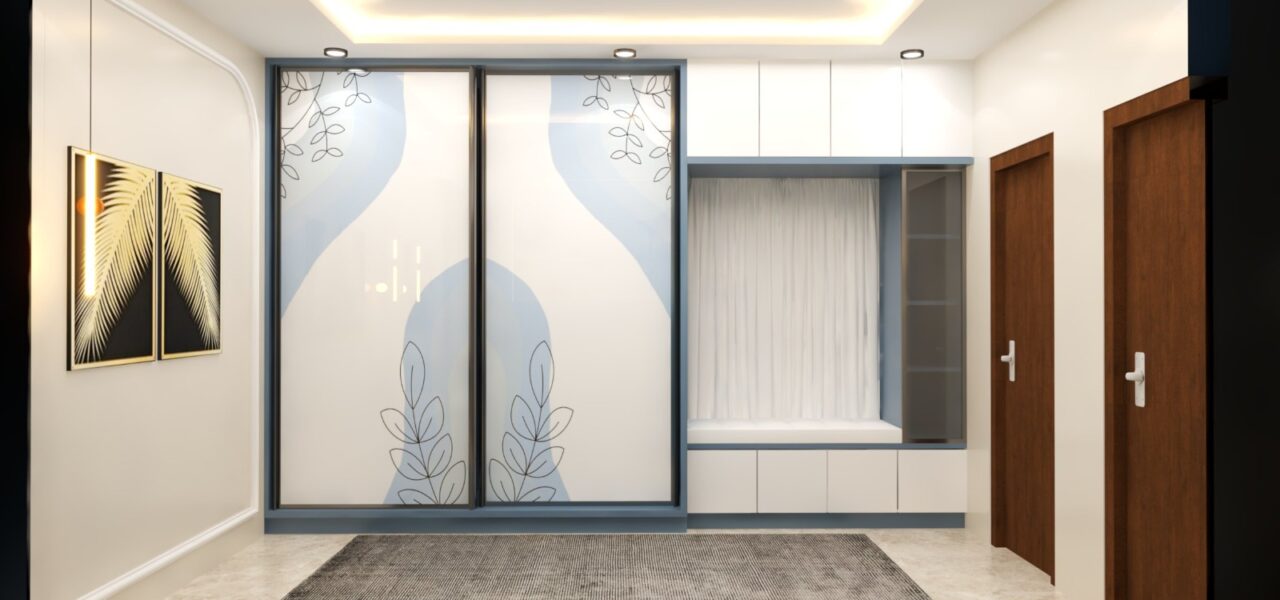 3D model of a modern wardrobe with frosted glass sliding doors, soft blue accents, and white cabinetry by Luminest Interiors.