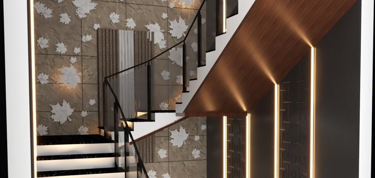 Staircase with textured wall panels and integrated lighting.