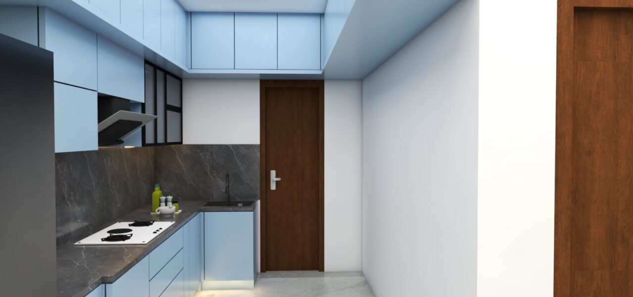 3D model of a modern kitchen with light blue cabinetry, grey marble countertops, and under-cabinet lighting by Luminest Interiors.