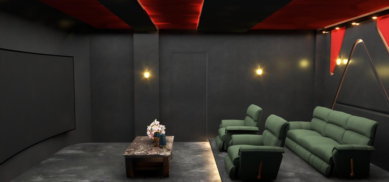 Home theater with dark walls, comfortable seating, ambient lights, and a large screen.