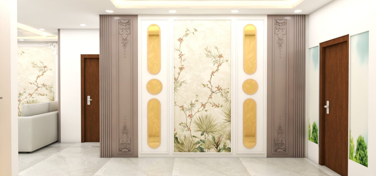 3D render of a chic hallway with modern wall art and polished finishes, leading to a dining area, by Luminest Interiors.