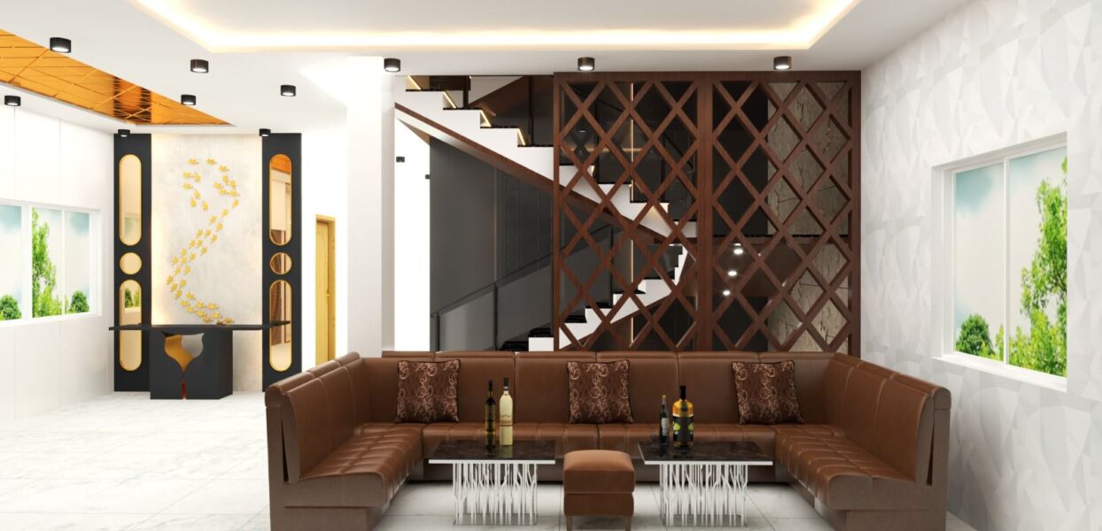 Living room with a brown sectional sofa, modern coffee tables, and a wooden staircase.