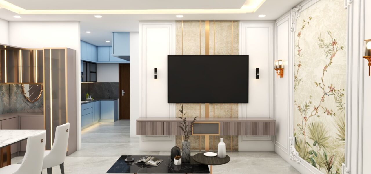 3D design of a contemporary dining and living space with marble accents and stylish furnishings by Luminest Interiors.
