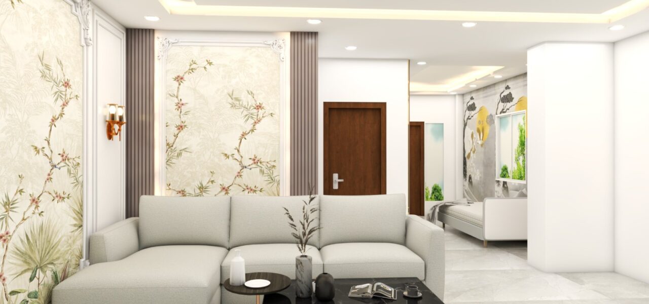3D visualization of a stylish living room with floral wall panels and a modern sofa by Luminest Interiors.