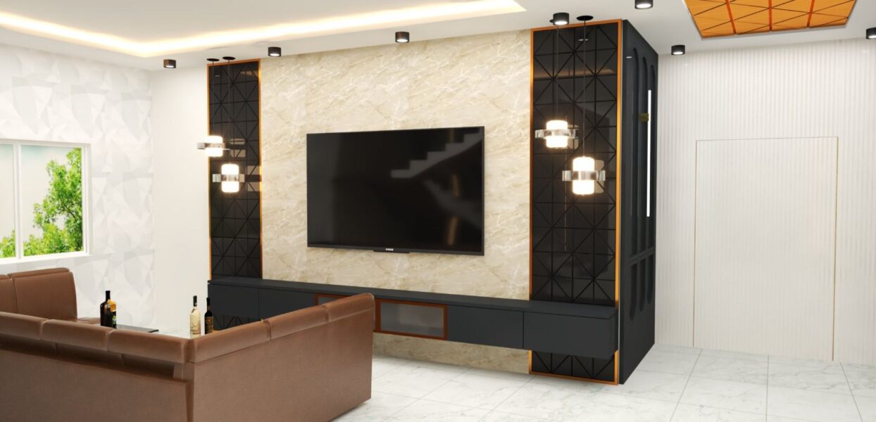 TV lounge with a black entertainment unit, marble wall, and brown leather sofa.