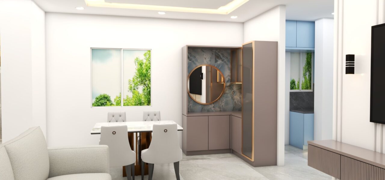 3D design of a modern kitchen connected to a living area with sleek cabinetry and elegant lighting by Luminest Interiors.