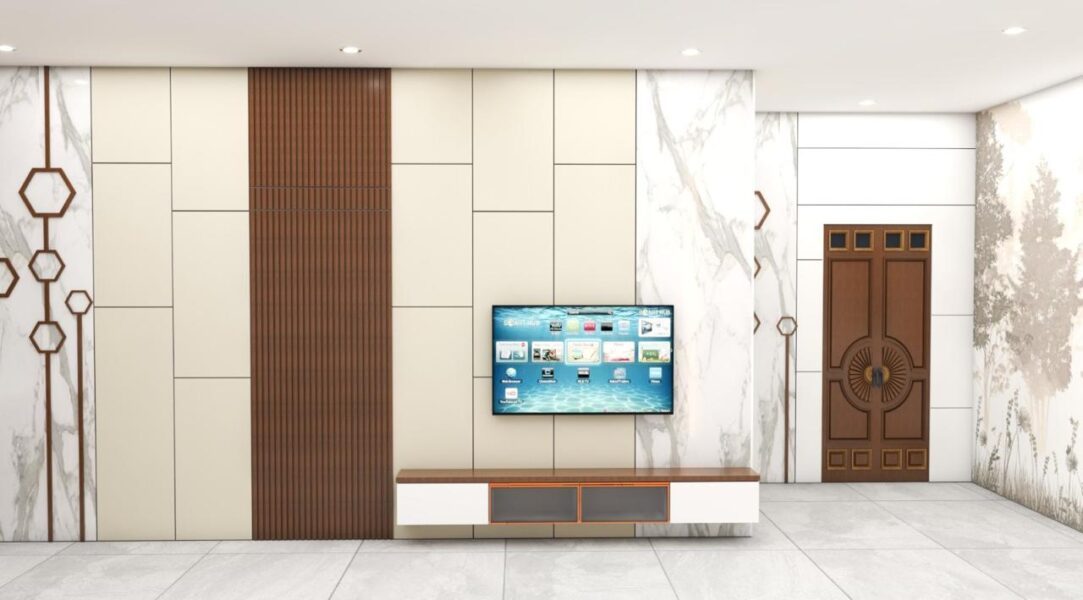 Minimalist TV panel with wood and marble textures, flanked by decorative accents.