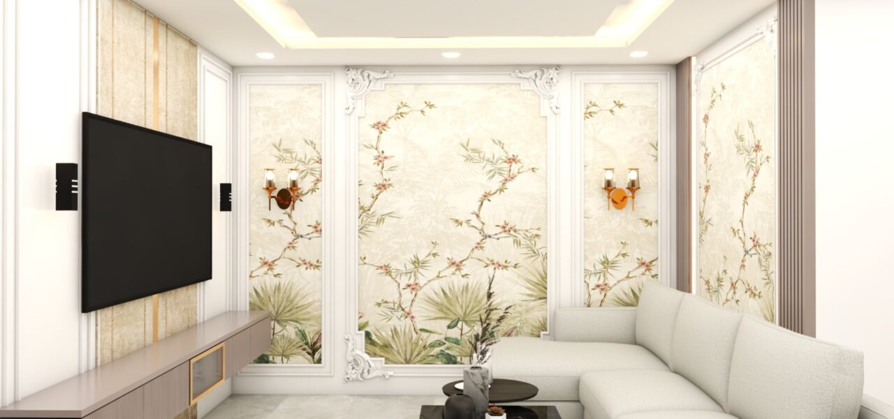 3D model of a luxurious living room with artistic wall panels, sophisticated lighting, and elegant decor by Luminest Interiors.