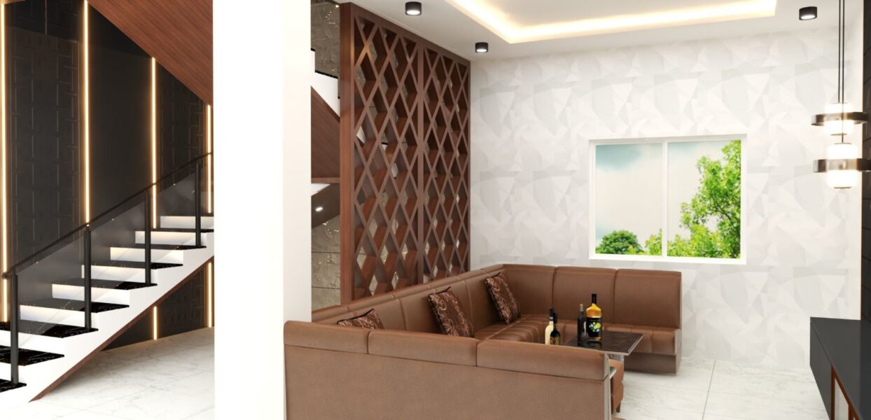 Modern staircase with black accents and wooden lattice partition in a living room.